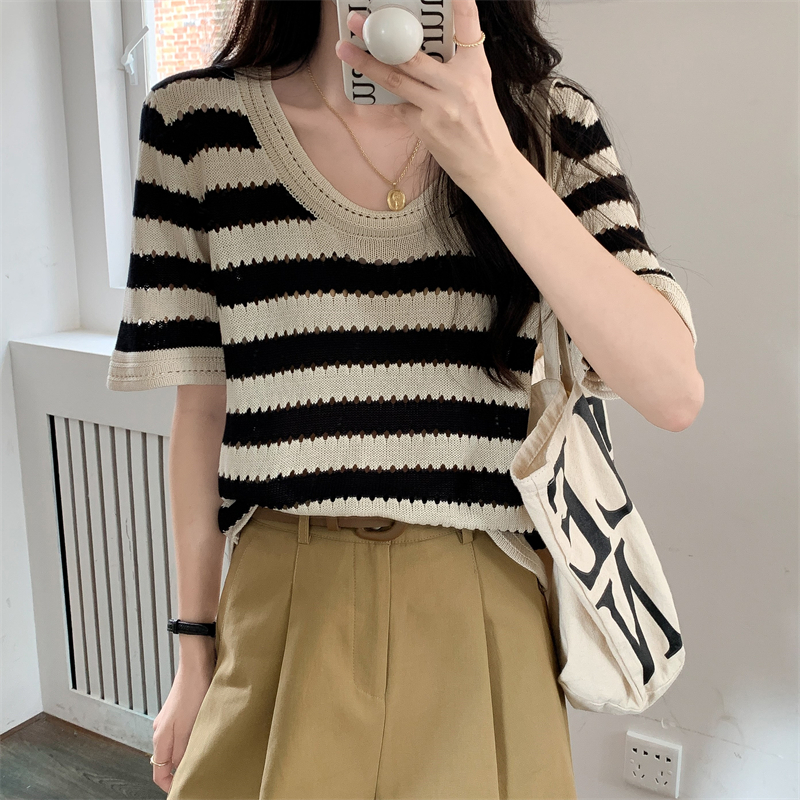 Korean style loose retro summer stripe tops for women