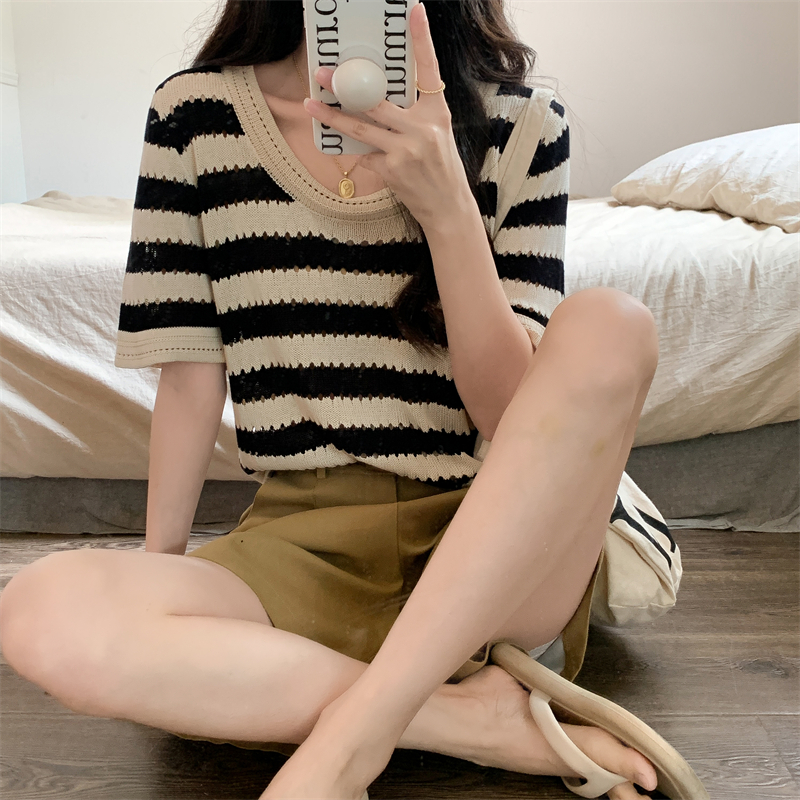 Korean style loose retro summer stripe tops for women