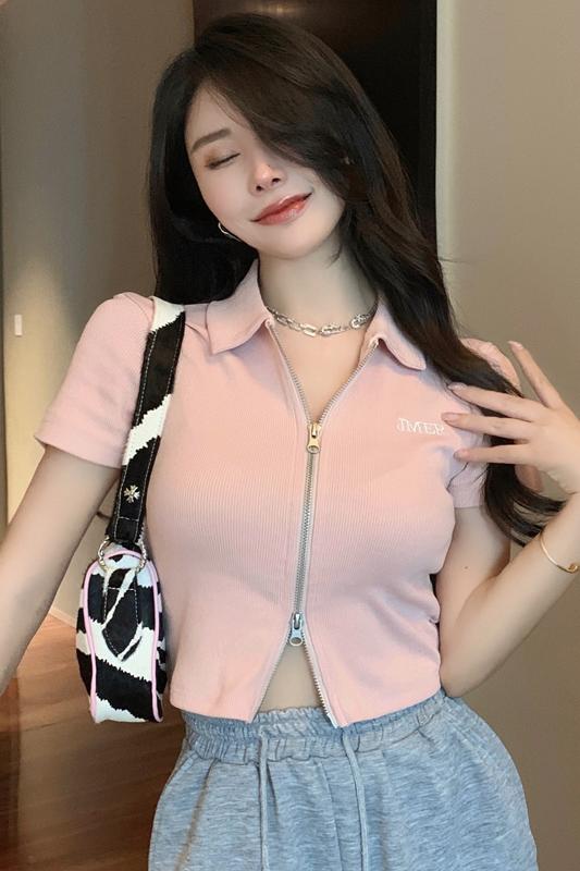 Summer Korean style slim tops sweet embroidery T-shirt