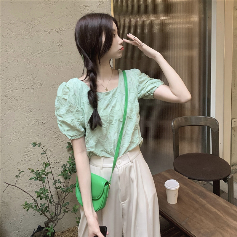 Green square collar retro tops all-match short shirt
