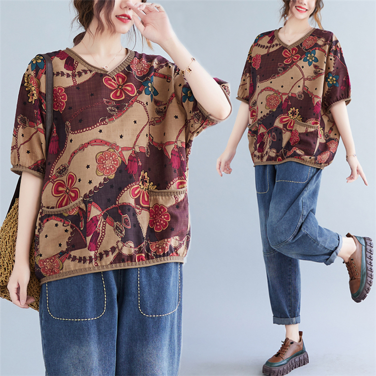 Printing summer splice tops national style loose T-shirt
