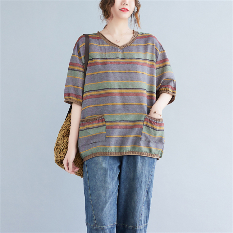 Mixed colors cotton linen tops V-neck retro T-shirt for women