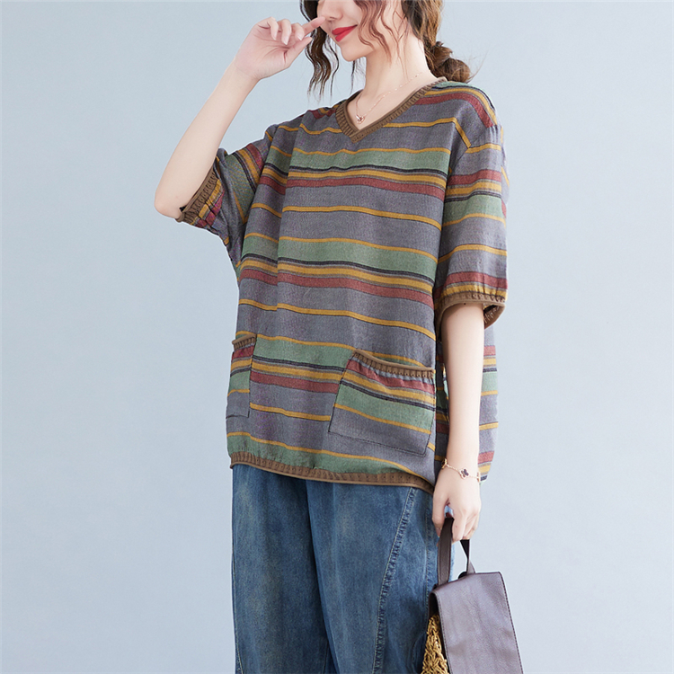 Mixed colors cotton linen tops V-neck retro T-shirt for women