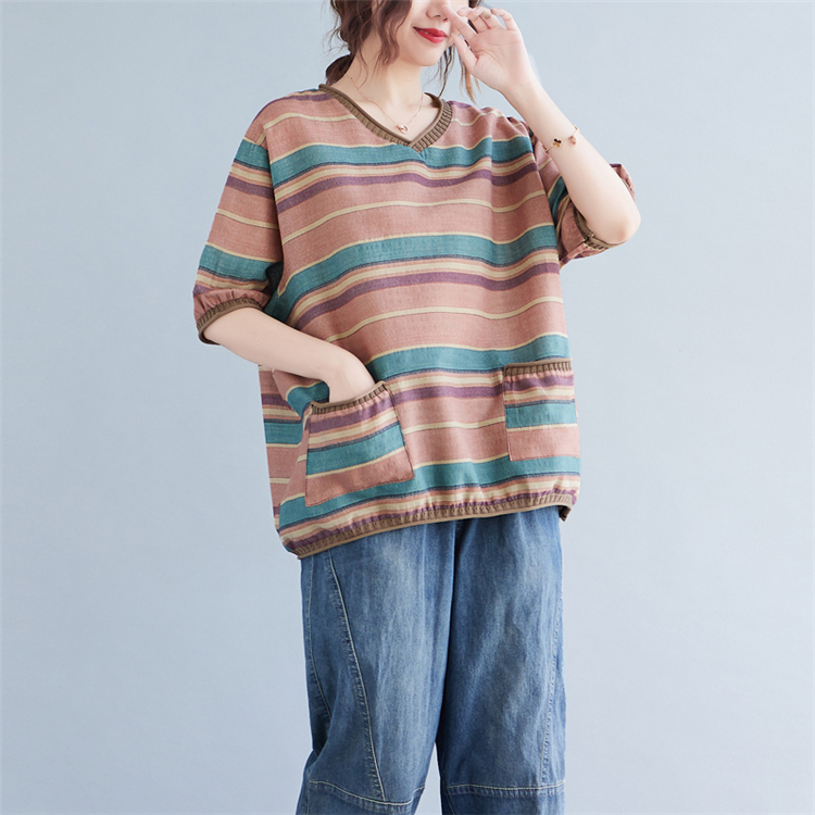 Mixed colors cotton linen tops V-neck retro T-shirt for women