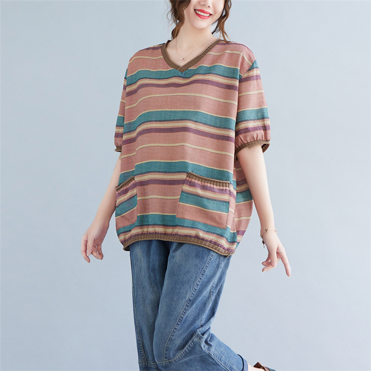 Mixed colors cotton linen tops V-neck retro T-shirt for women