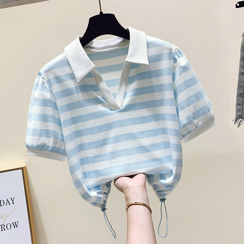 Pinched waist summer T-shirt stripe fashion tops for women