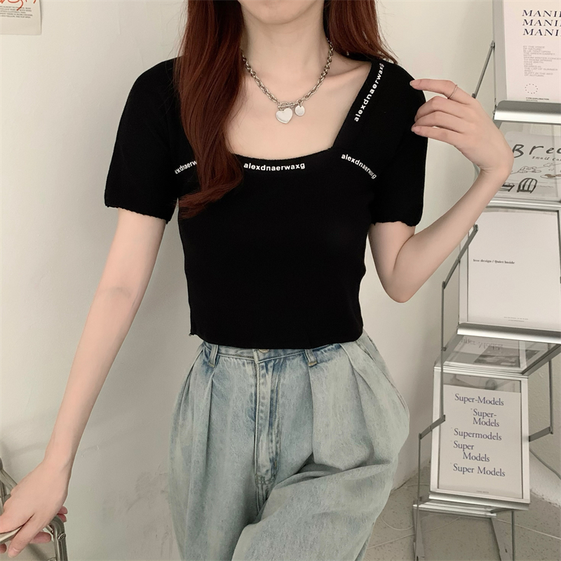 Short sleeve knitted square collar letters tops