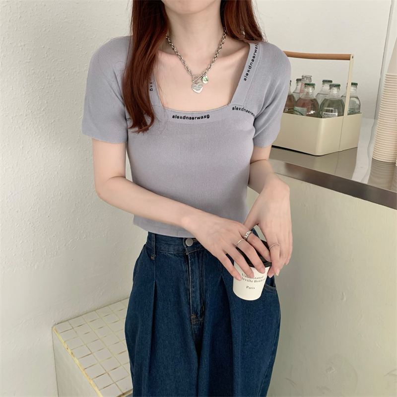 Short sleeve knitted square collar letters tops