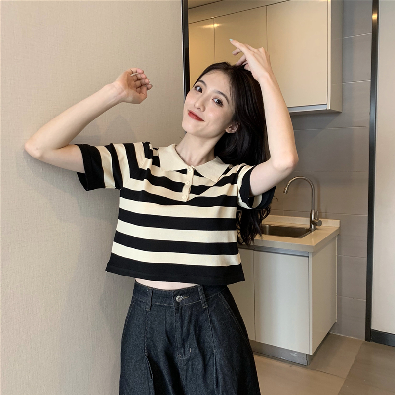 Halter mixed colors shirts knitted stripe T-shirt