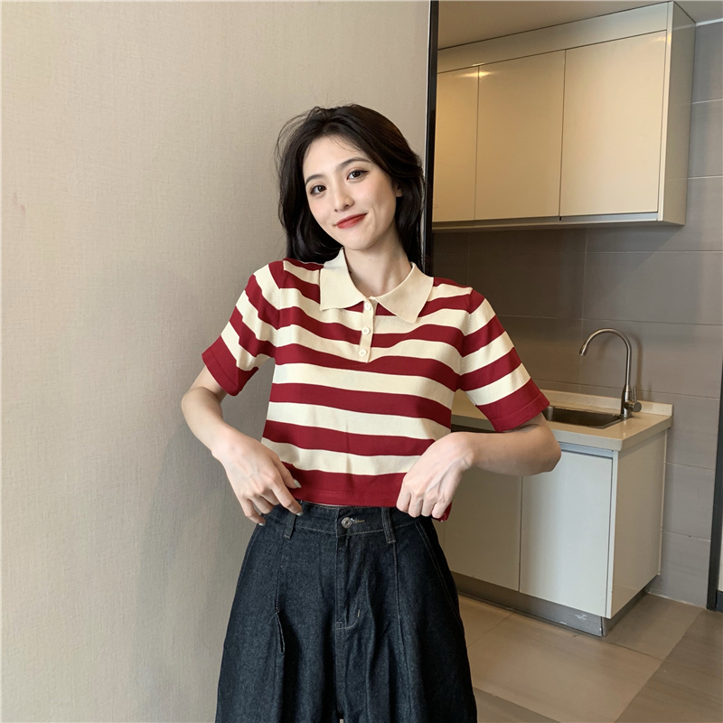 Halter mixed colors shirts knitted stripe T-shirt