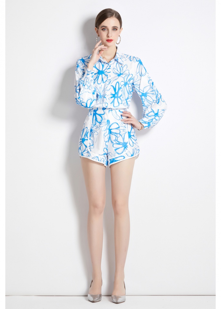 Printing seaside shirt lapel Casual shorts a set for women