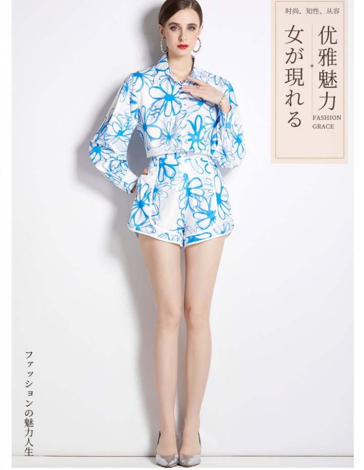 Printing seaside shirt lapel Casual shorts a set for women