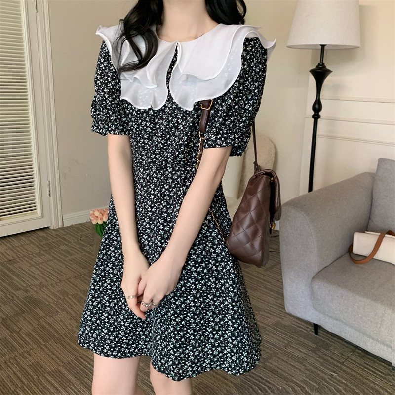 High waist black doll collar floral dress for women