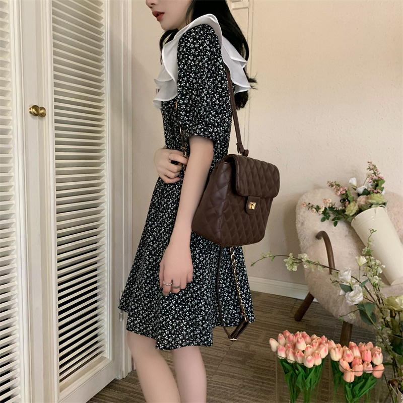 High waist black doll collar floral dress for women