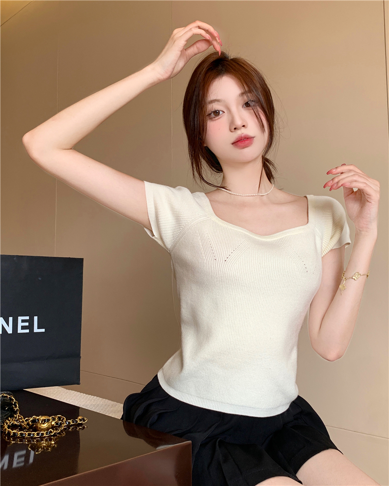 Summer Korean style white France style square collar tops