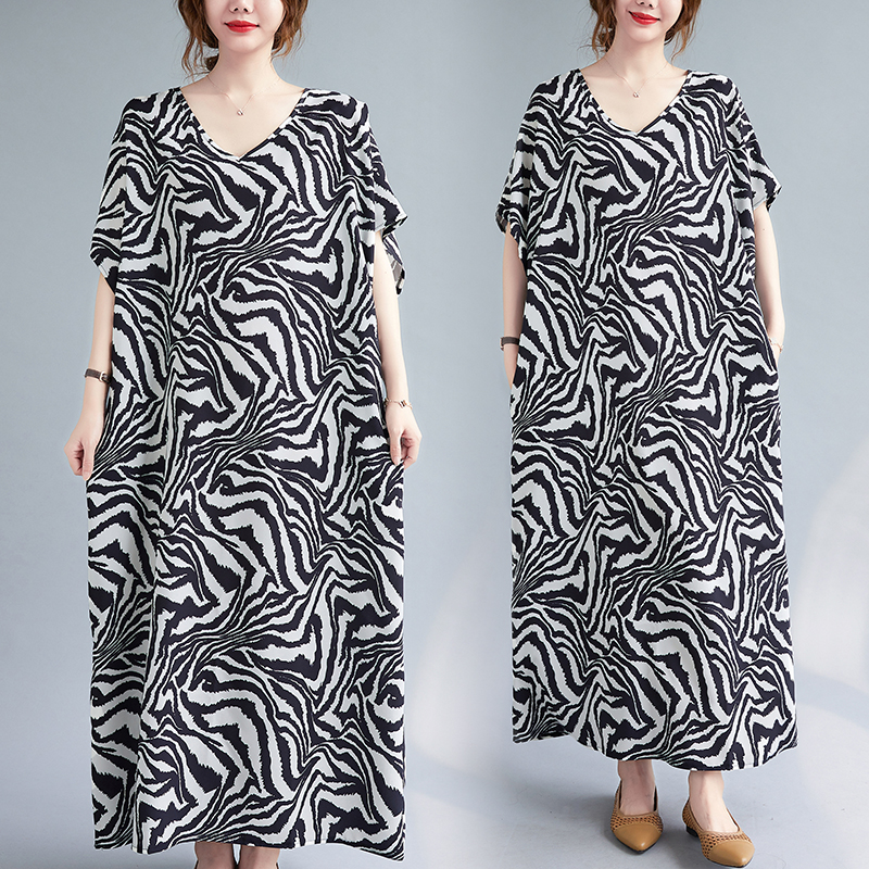 Fat short sleeve long dress zebra printing robe