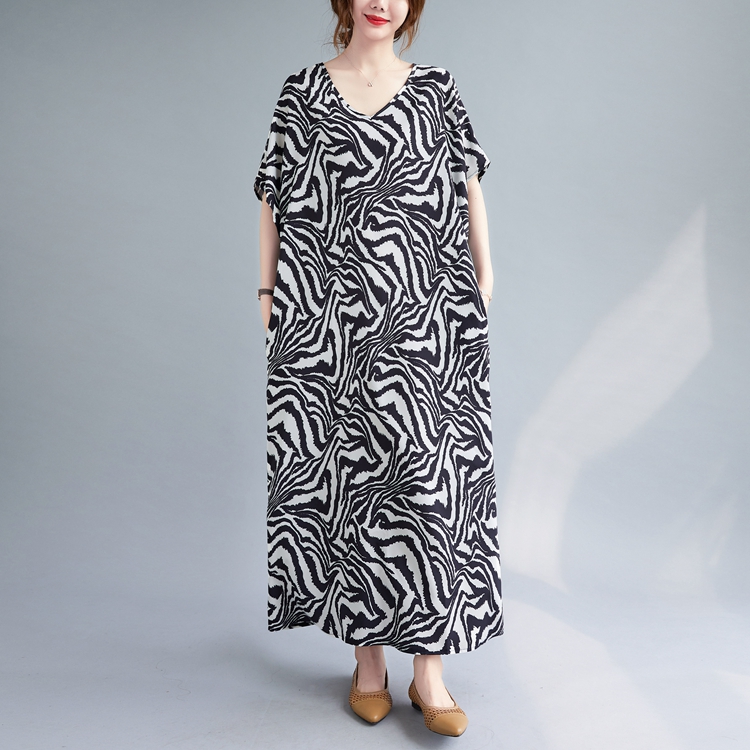 Fat short sleeve long dress zebra printing robe