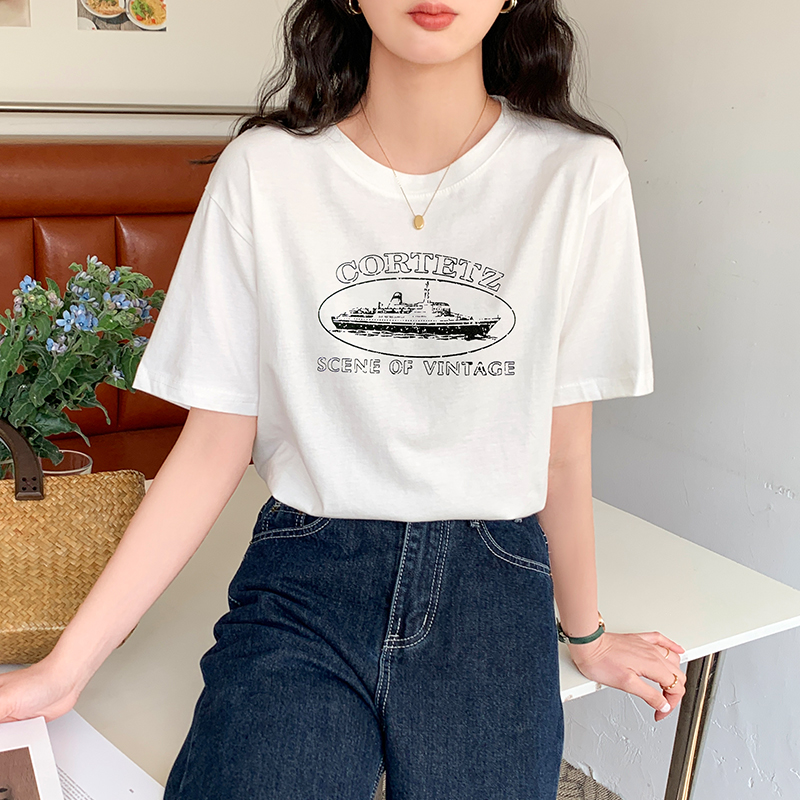 Short sleeve printing T-shirt white fashion tops for women