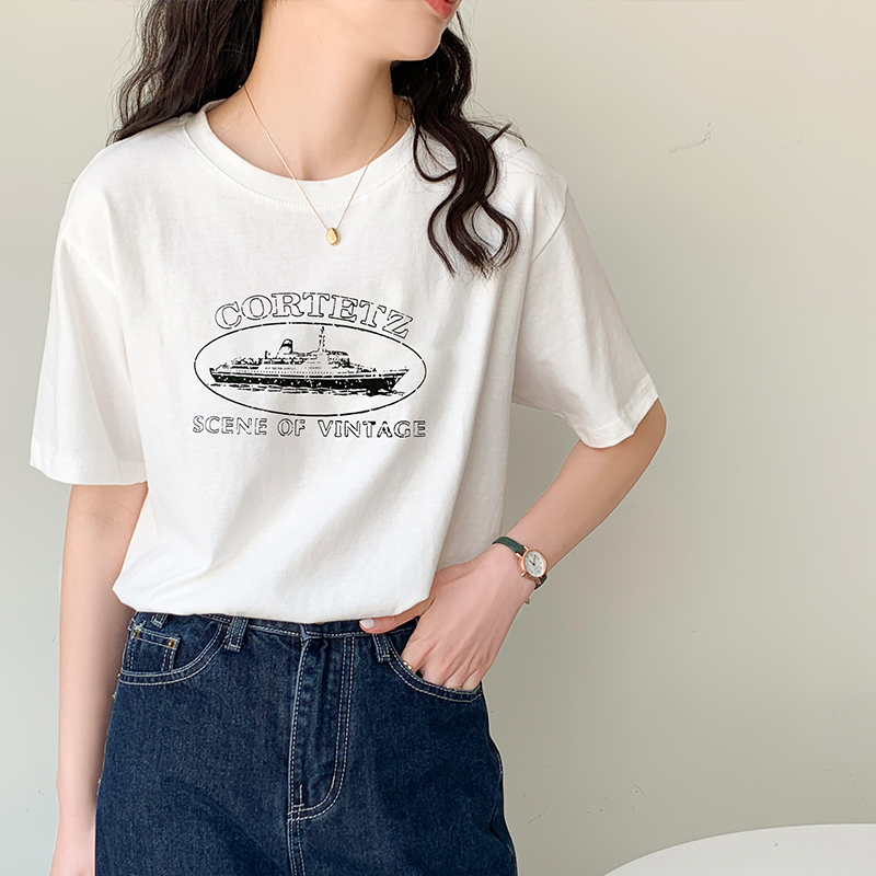 Short sleeve printing T-shirt white fashion tops for women