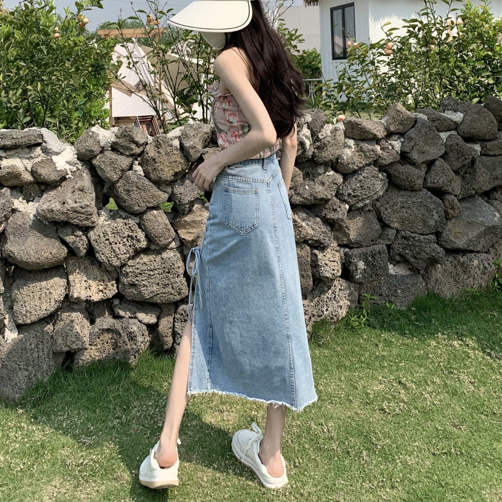 Large yard split denim high waist slim long skirt for women