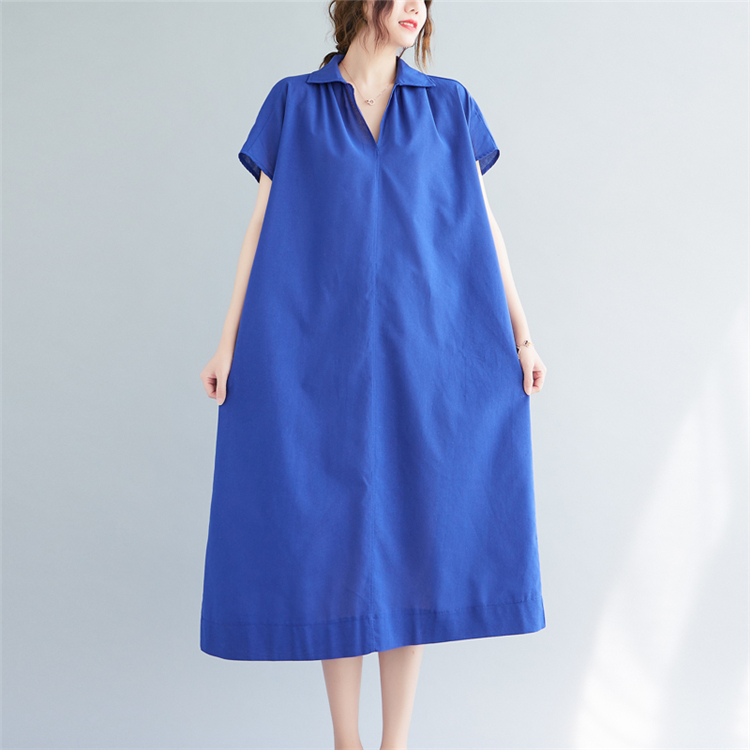 Exceed knee V-neck loose slim cotton linen simple dress