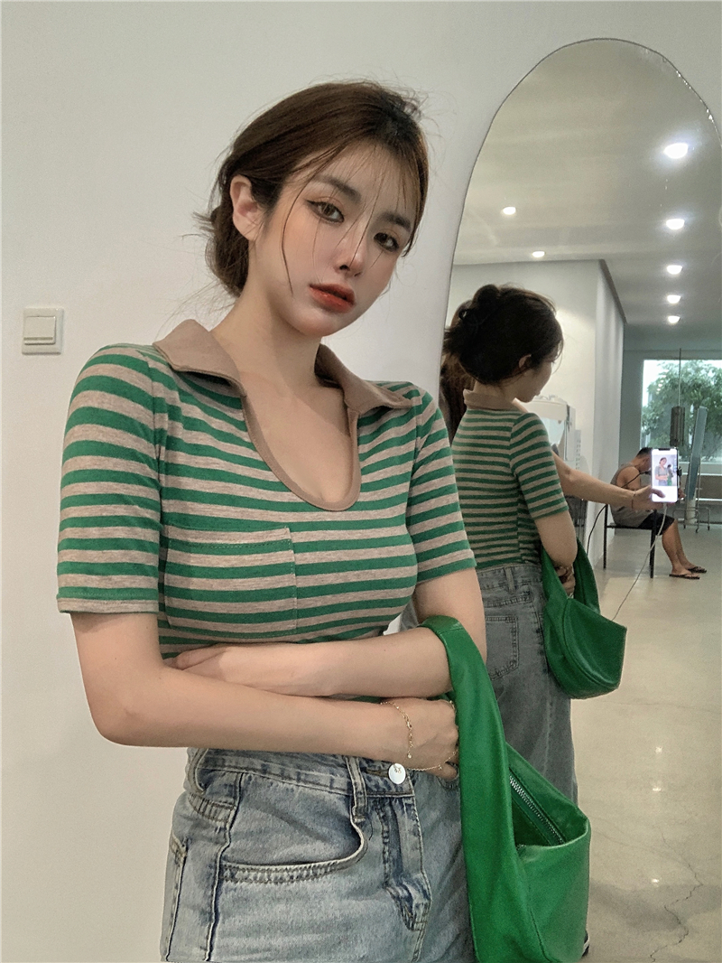 Stripe unique tops short sleeve short T-shirt for women
