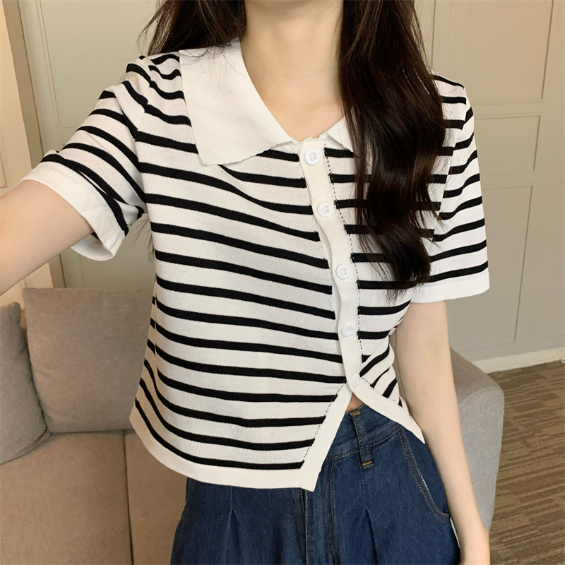 Summer knitted Korean style cardigan short sleeve stripe tops
