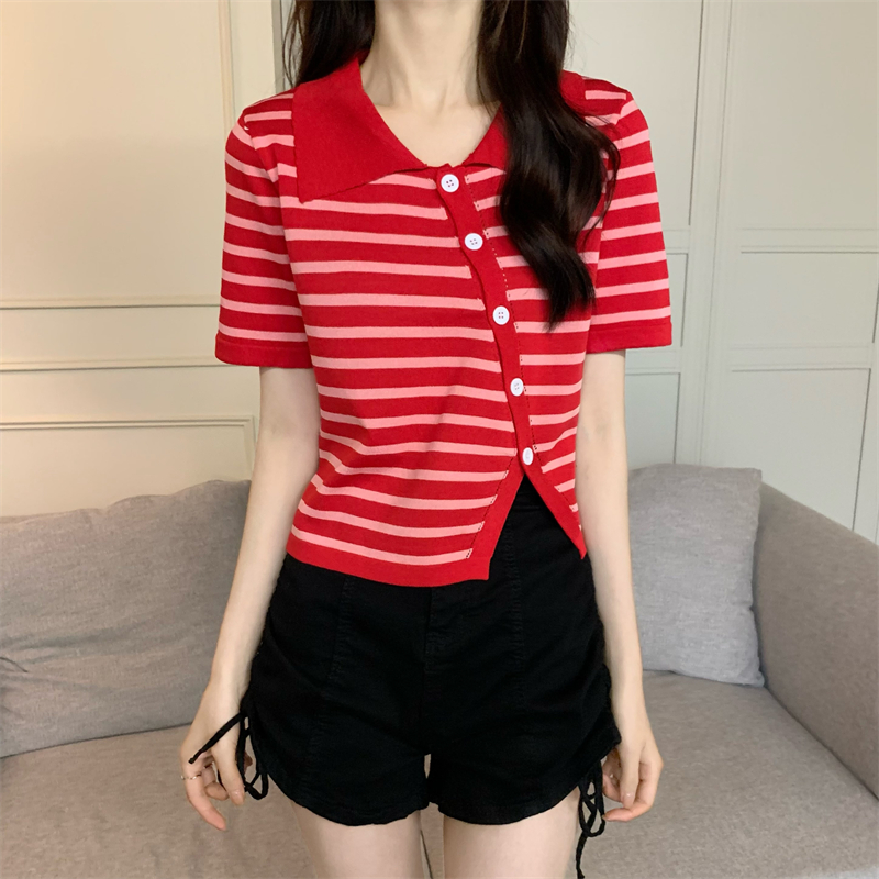 Summer knitted Korean style cardigan short sleeve stripe tops