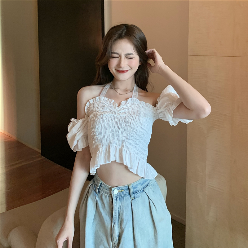 Short lace puff sleeve slim France style halter tops