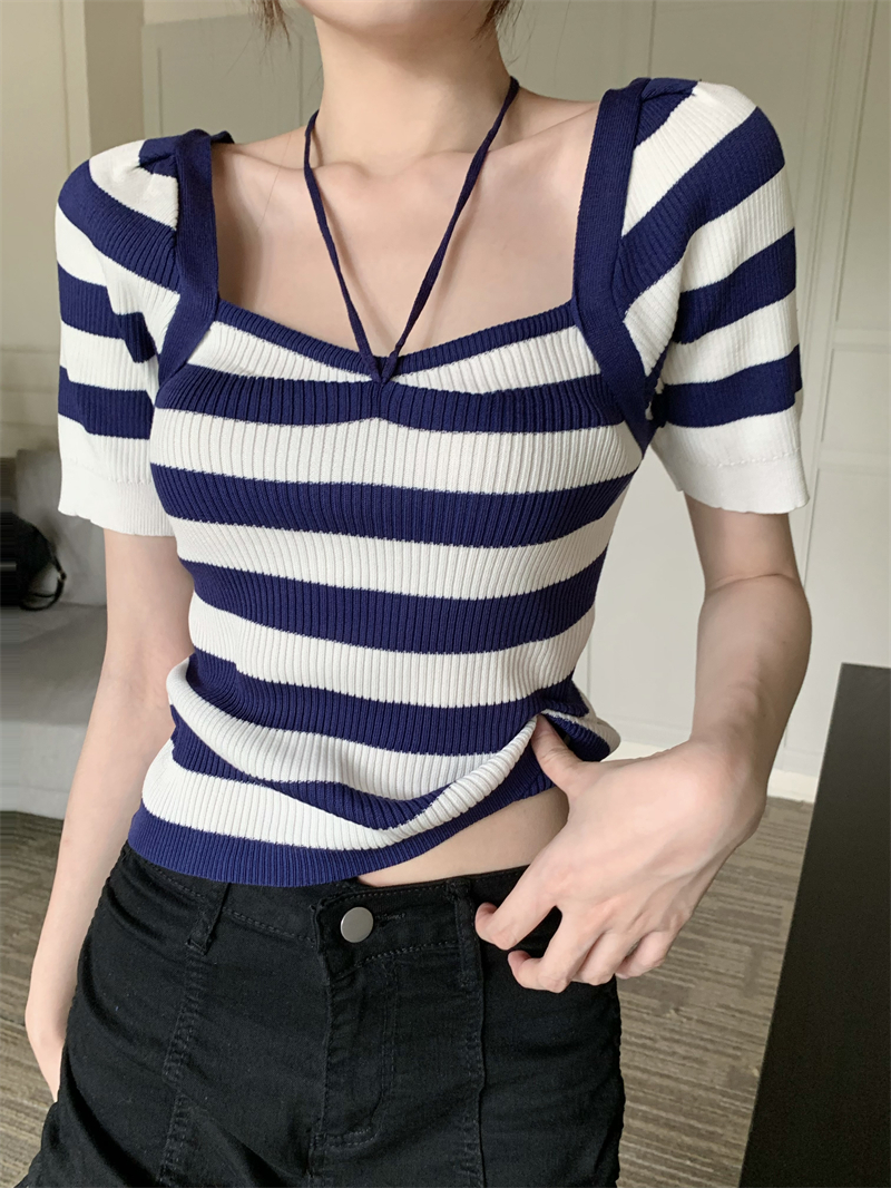 Summer slim knitted T-shirt square collar stripe tops