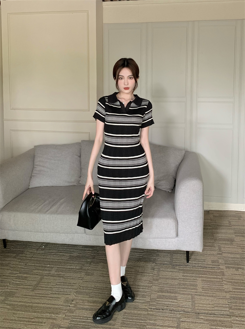 Korean style slim knitted summer temperament stripe dress