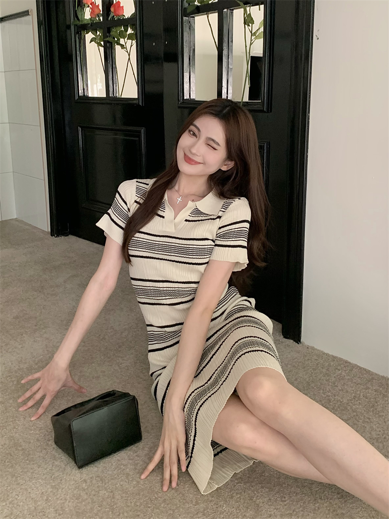 Korean style slim knitted summer temperament stripe dress