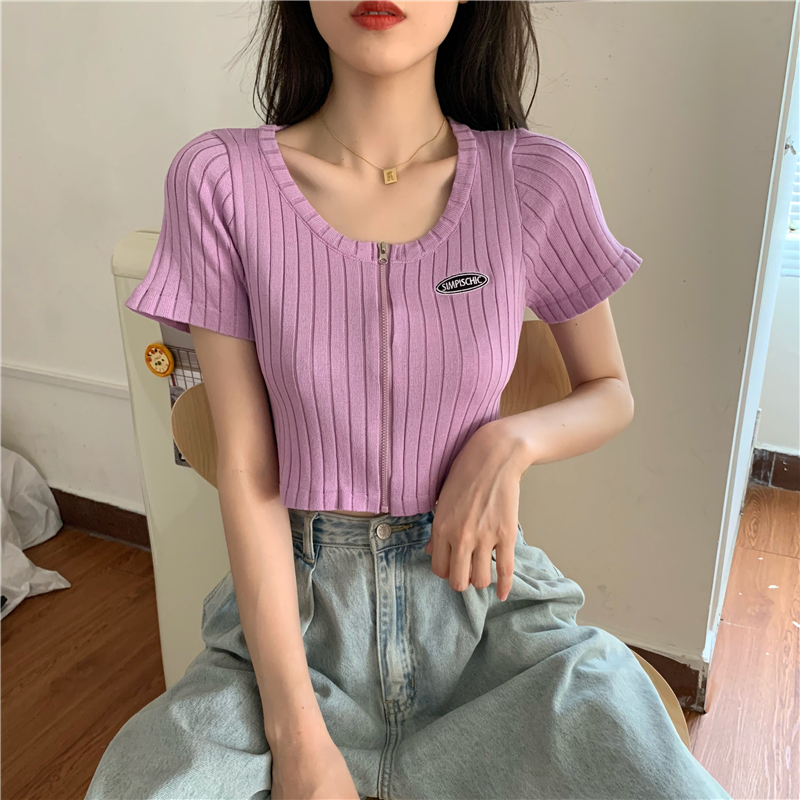Short zip short sleeve T-shirt slim Korean style tops