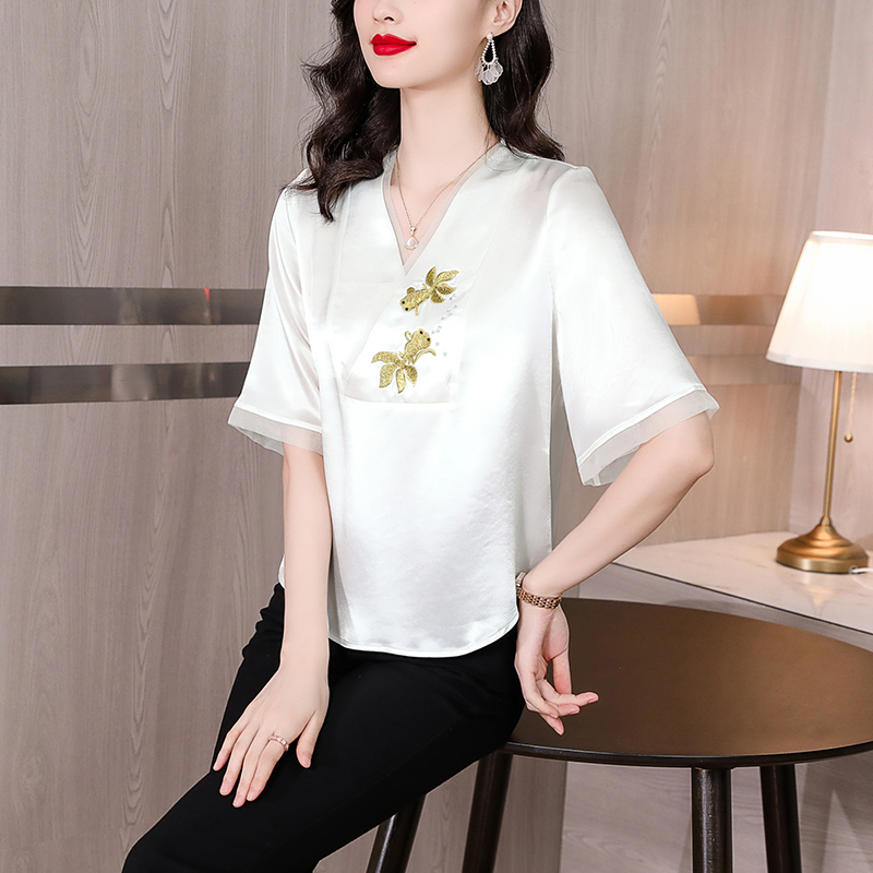 Embroidered loose tops elegant real silk shirt for women