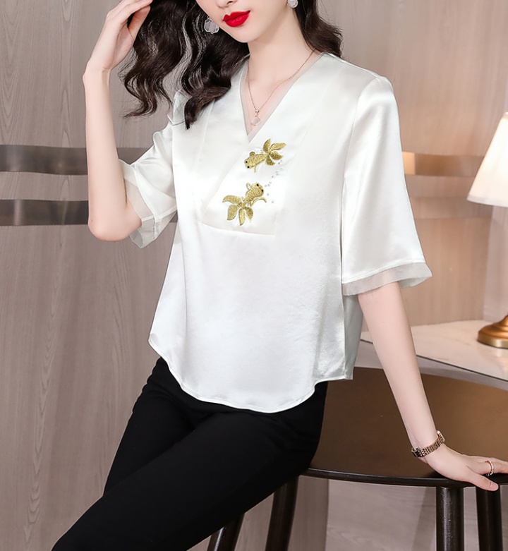 Embroidered loose tops elegant real silk shirt for women