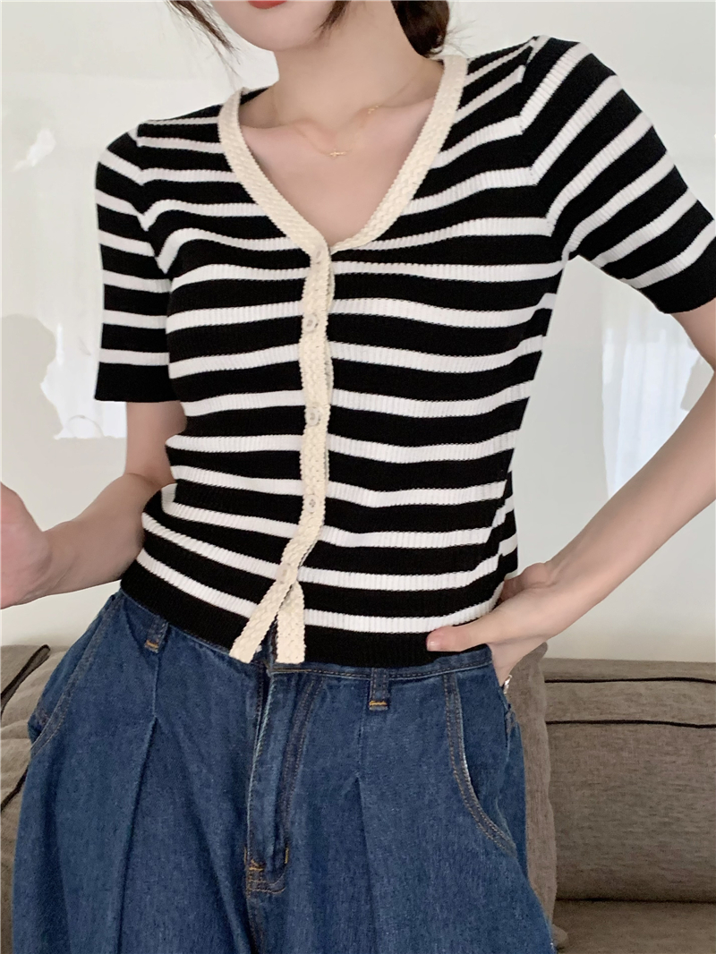 Summer V-neck retro tops stripe knitted cardigan