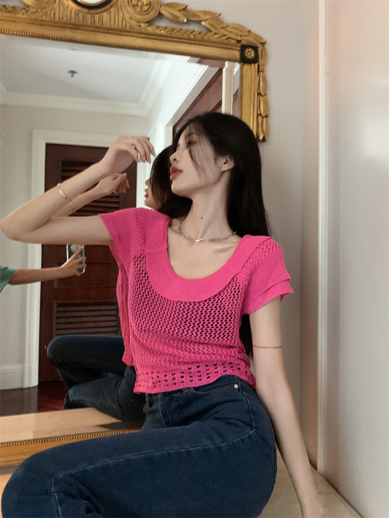 Slim round neck knitted T-shirt hollow short sleeveless tops