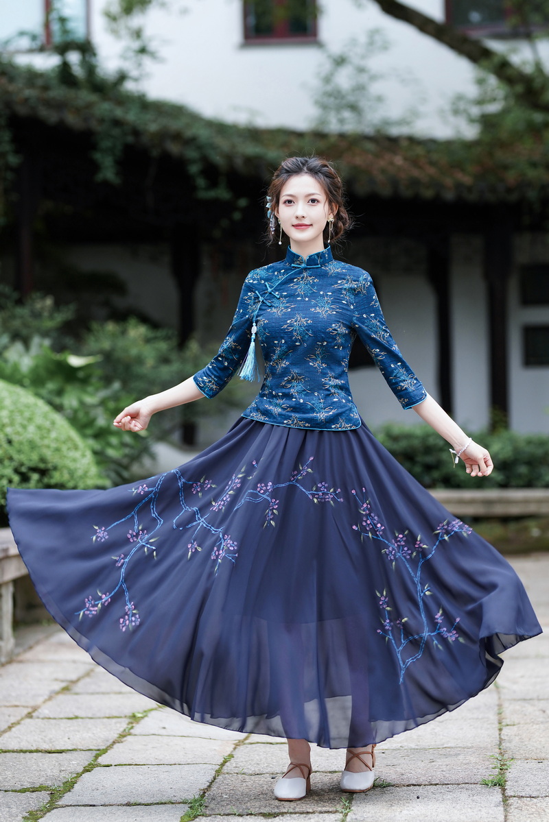 Hand-painted retro tops Han clothing slim skirt a set