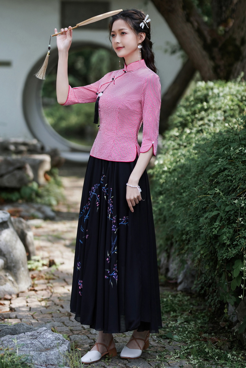 Retro Chinese style tops slim skirt a set