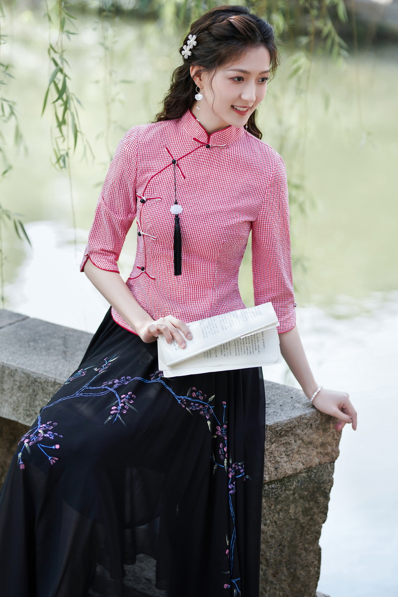 Retro Chinese style tops slim skirt a set
