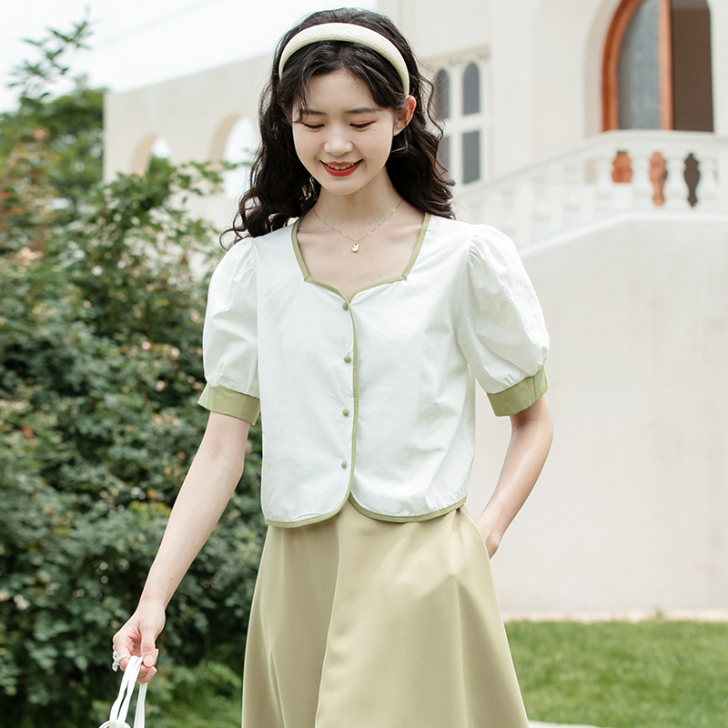 France style mixed colors puff sleeve shirt for women