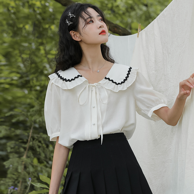 Mixed colors white doll collar summer shirt for women