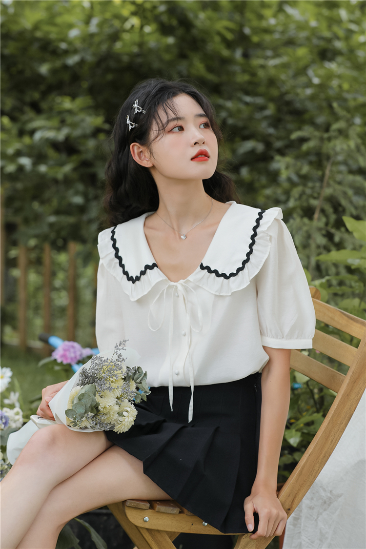 Mixed colors white doll collar summer shirt for women