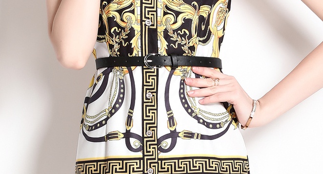 Retro printing temperament sleeveless lapel with belt dress