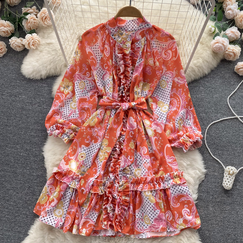 Slim floral cstand collar pinched waist long sleeve dress