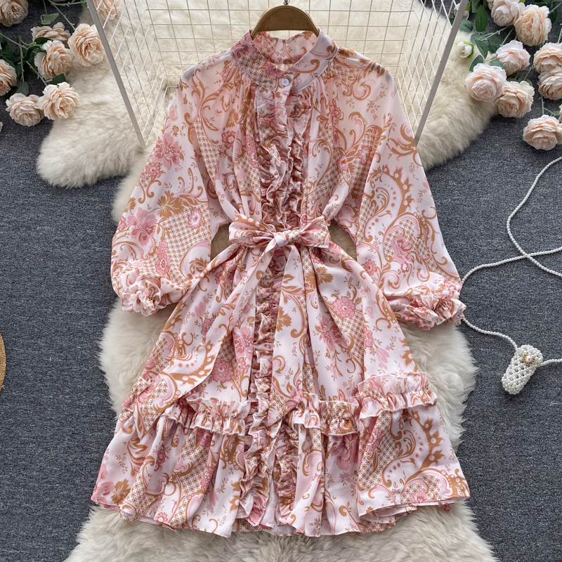 Slim floral cstand collar pinched waist long sleeve dress