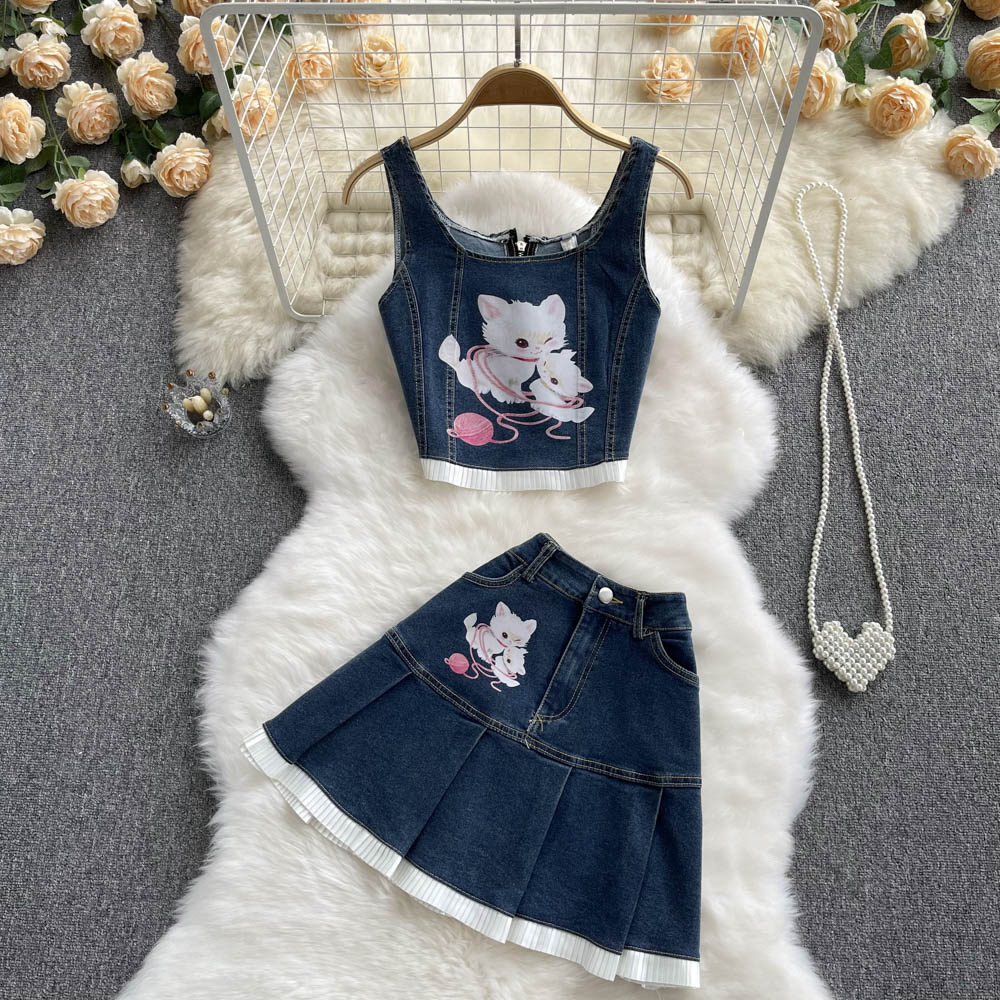 Short printing vest lovely kitty skirt 2pcs set