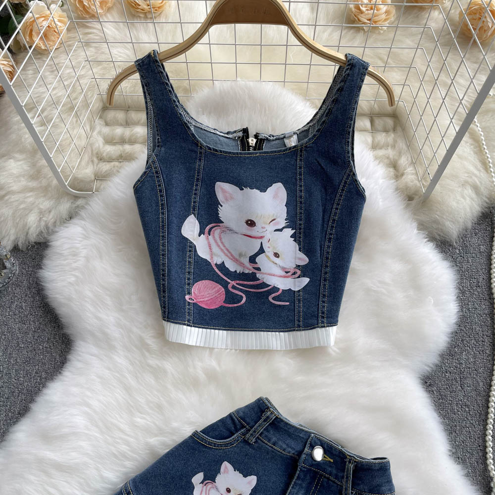 Short printing vest lovely kitty skirt 2pcs set