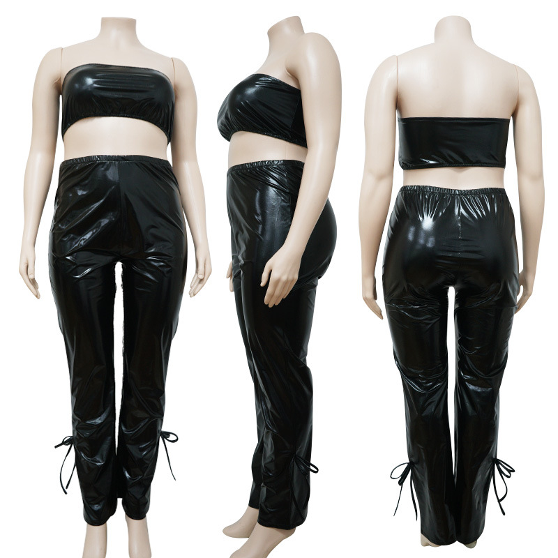 Leather fat sister leather pants 2pcs set for women