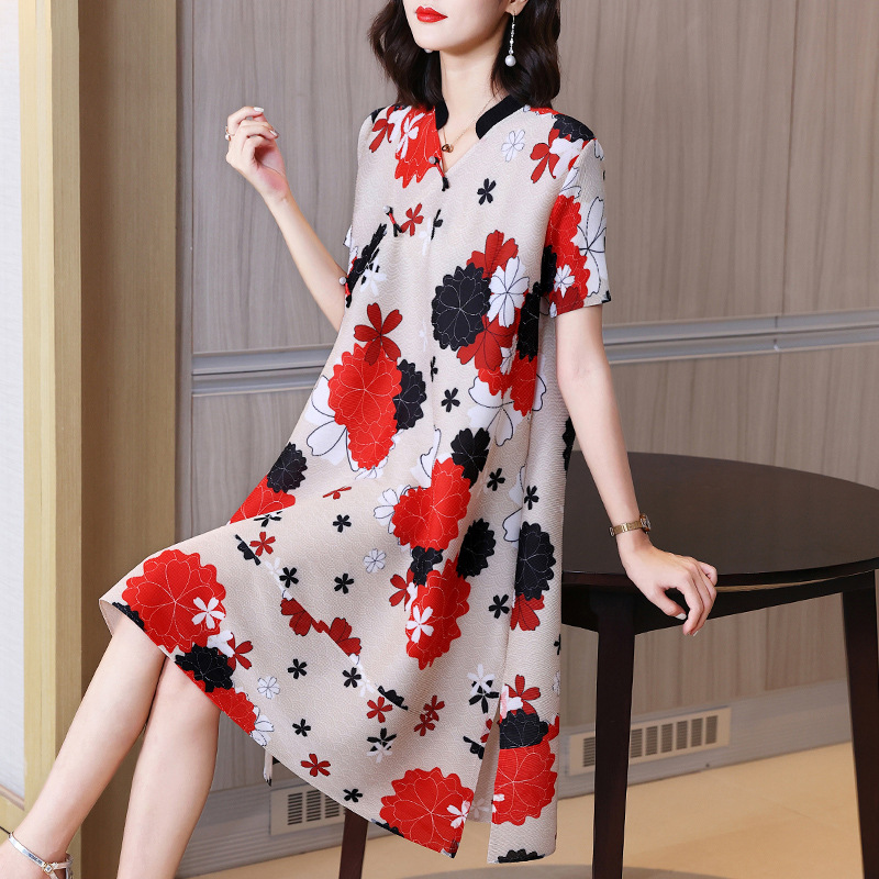 Printing temperament slim short sleeve red dress for women
